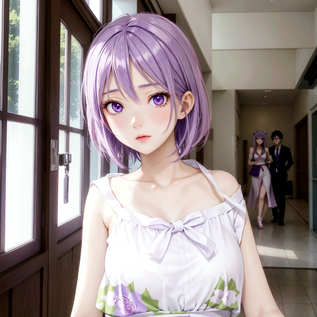 Anime girl with purple hair and white top standing in a hallway, Realistic Anime 3D Style, Cute realistic portrait, My Dress Up Darling Anime, Semi-realistic anime, Semi-realistic anime style, Anime-style 3D, Realistic young anime girl, Smooth anime CG art, 3D Anime Real, Semi-realistic anime, Stylized anime, Cute Anime Girl