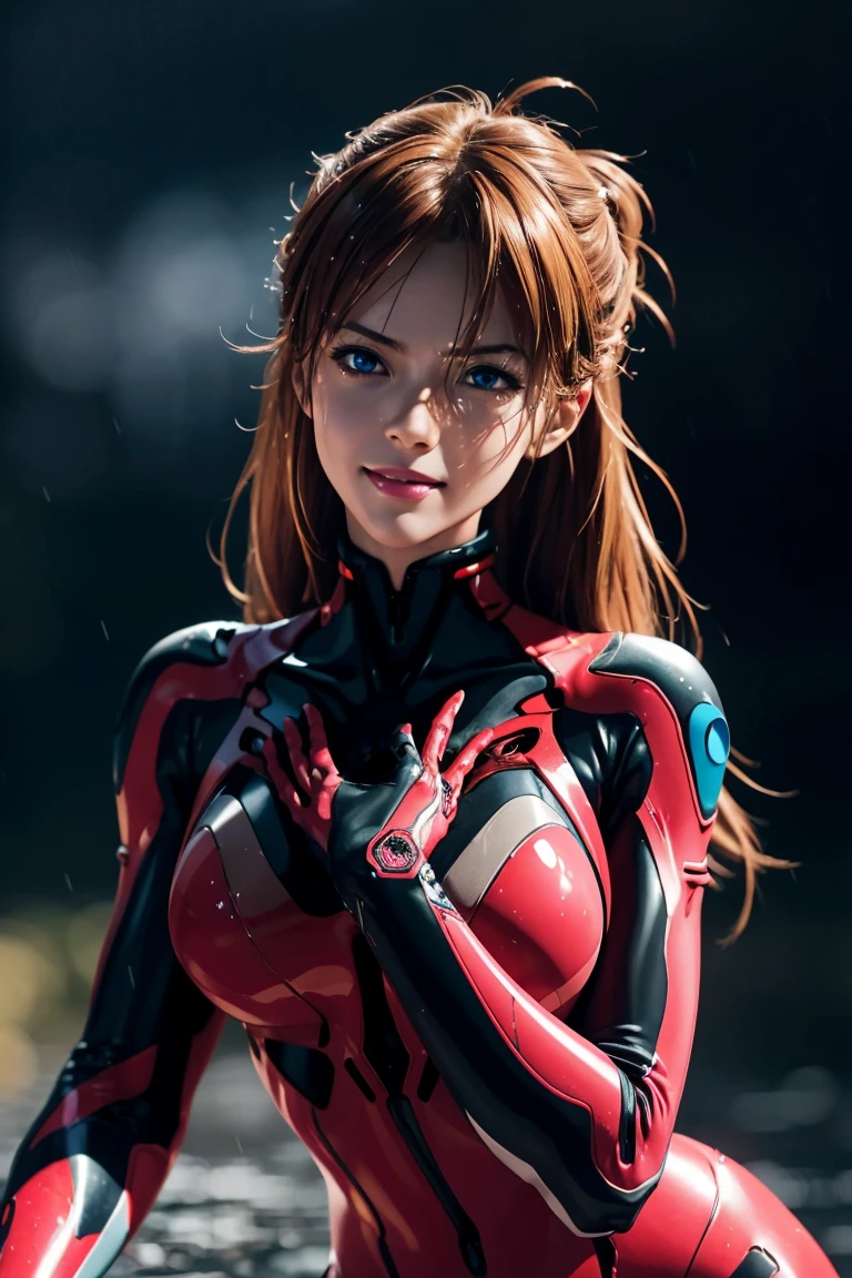 Evangelion,Asuka Langley,blaue Augen,Steckeranzug,Bodys,Schnittstelle Headset,赤いBodys,Ultra HD,Super Qualität,Meisterwerk,Digital SLR,fotorealistisch,Detaillierte Details,lebendige Details,Im Detail dargestellt,Ein detailliertes Gesicht,Detaillierte Details,Super Detail,realistische Hautstruktur,Anatomische Grundlagen,Perfekte Anatomie,Anatomisch korrekte Hand,Anatomisch korrekte Finger,Komplexes 3D-Rendering,sexy Pose,regnerischer Himmel,schöne Landschaft,Fantastischer regnerischer Himmel,malerisch,pinke Lippen,lächeln,