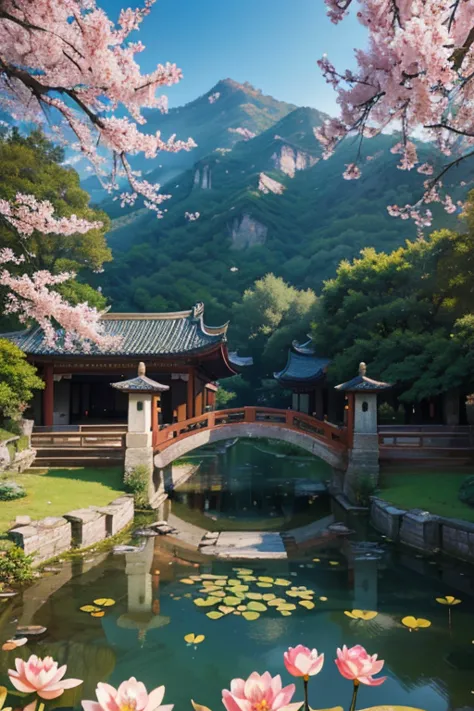 a beautiful detailed peach blossom garden in ancient china, lush peach trees in full bloom, intricate stone bridges, serene pond...