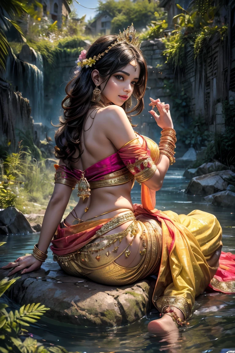 portrait,(NSFW 0.75) boy,woman, ((princess pose)) ,very very big breast, soft nylon sexy saree , orange , pink ,teal,red, yellow colour ,flower design modern light wedding saree,  colorful, flower armor,  good anatomy,  best quality,  (((masterpiece))),  high quality,  realist,  best detailed,  details,  realist skin,  skin detailed,  underboobs,  beautiful  posing under a fairy tale of exotic magic,lehenga choli, girl immersed in water , soaked saree, meadows background , bokeh effect , chubby , nipple slip , put milk in breast,off shoulder, strapless blouse, different saree wearing style,(multi chain jewellery blouse),(wearing jewellery on blouse)(buttocks and looking back) ((sitting on rock, spreading legs wide open, yellow sareee))