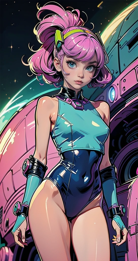 masterpiece, best quality, 1girl, solo, retro futuristic cyborgwoman, seamlessly blending mechanics and elegance. fit, small breasts, blueish skin, with magenta hair, fashion modeling pose, form fitting pastel green and pink with black colorblocking swimsuit-like-armor , happy, wild hair, humanoid face with bigger eyes and some cyberparts holding a retro futuristoc space-gun, plain background, dark colors, Anime, Cartoon, Comic Book, Concept Art