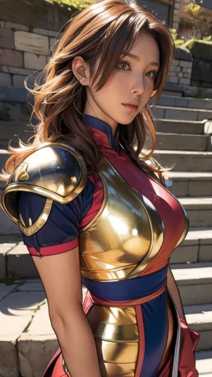 best quality, official art, masterpiece, textile shading, HDR, very detailed, colorful, best details, fantasy, battle suit, Yuki Mori:1.5, 1 female, 25 years old, gold hair, long hair, curly hair, best quality, official art, masterpiece, textile shading, HDR, very detailed, colorful, best details, fantasy, battle suit,1 female, 2, standing on stairs, a castle town with an old castle view, sunny, random hair, big breast, skinny, Surrounded by a large crowd:1.9, Confetti flutters, Blessed, Being welcomed:1.5, cameltoe:1.3, ground level shot:,