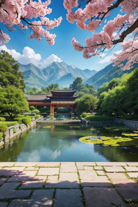 a beautiful detailed peach blossom garden in ancient china, lush peach trees in full bloom, intricate stone bridges, serene pond...