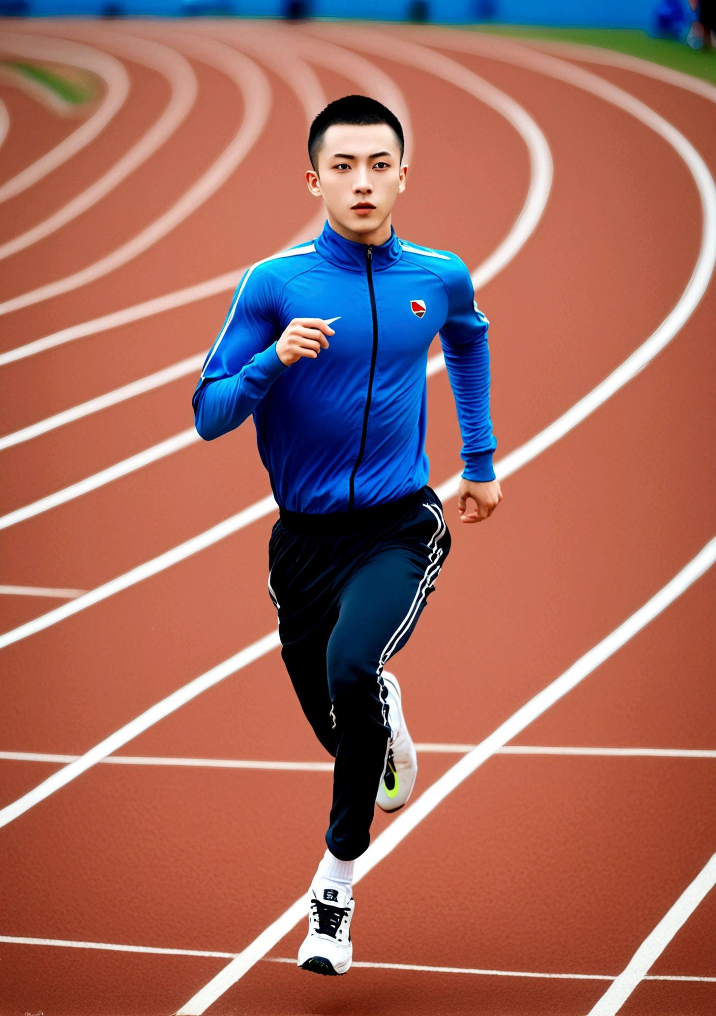 Chinese boys，18 years old，Athlete，Buzz cut，short hair，Single eyelid，whole body，Wear sportswear，Running on the track，