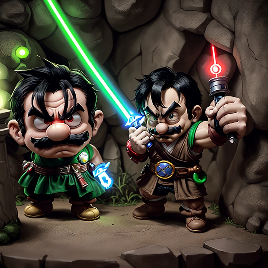 1 chico, Mario hermano rojo, Luigi verde y capilla, vestido jedi, chibi, testura realista , cara seria, pelo negro, muscular, ((Traje Jedi)), sosteniendo sable de luz roja, sable de luz verde, Fondo a la entrada de la cueva de los orcos., d&d, Imágenes HDR, calidad 8k