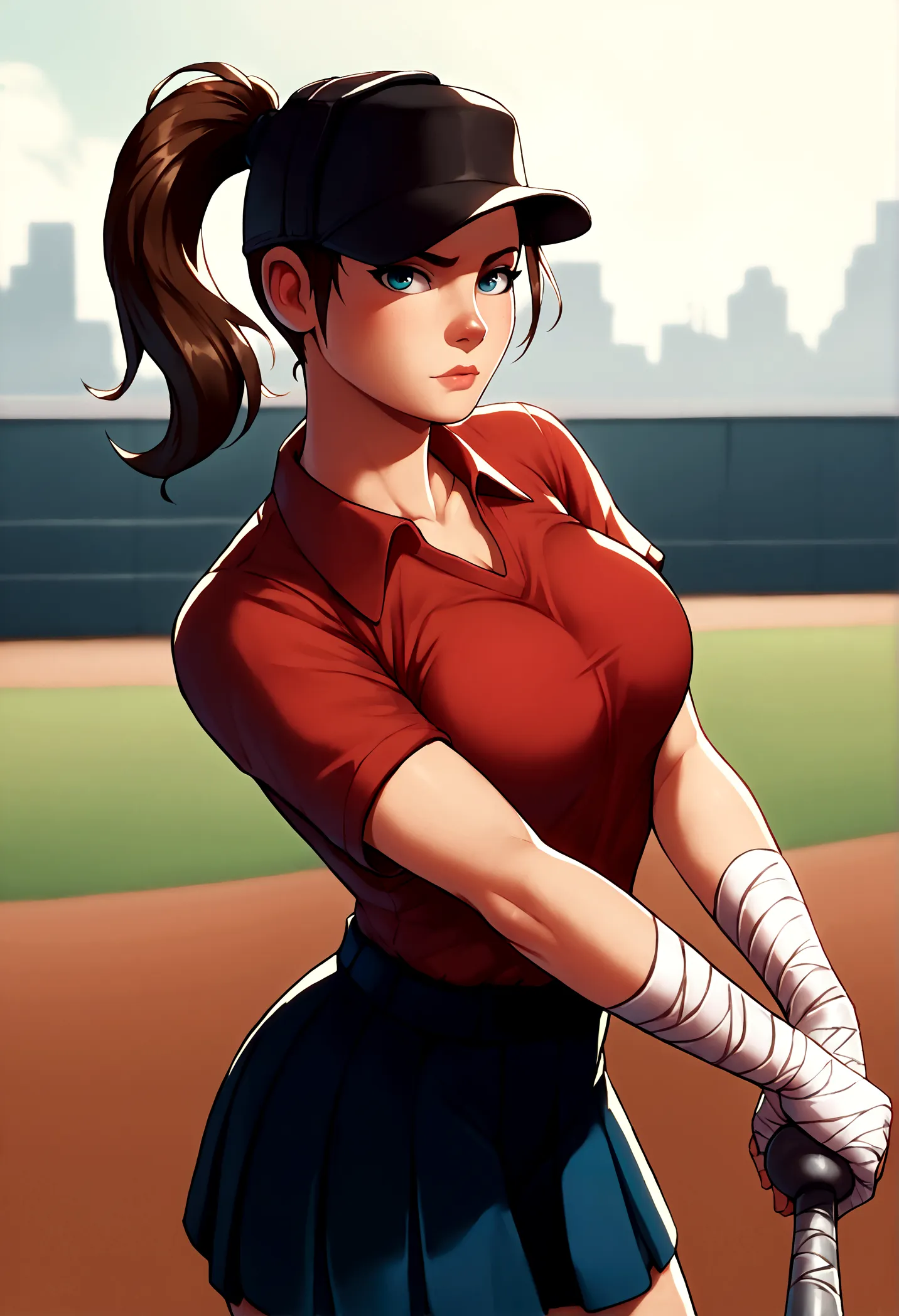 score_9, score_8_up, score_7_up, break, 1girl, solo, breasts, looking at viewer, femscout, ponytail, baseball cap, red shirt, sk...