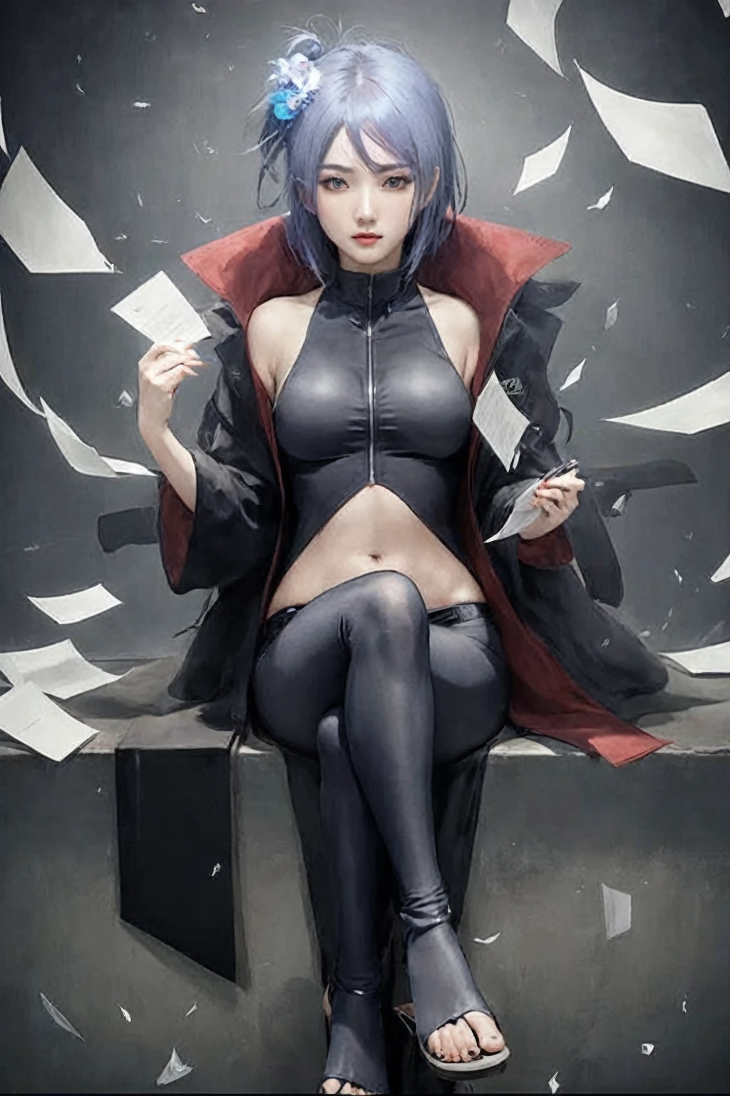 Asian girl sitting on a bench with papers flying around her, seductive anime girl, anime woman, cyberpunk anime girl, badass pose, female cyberpunk anime girl, anime woman fullbody art, anime character; full body art, anime cyberpunk art, extremely detailed artgerm, female anime character, beautiful alluring anime woman, anime character, badass anime 8 k, anime style character