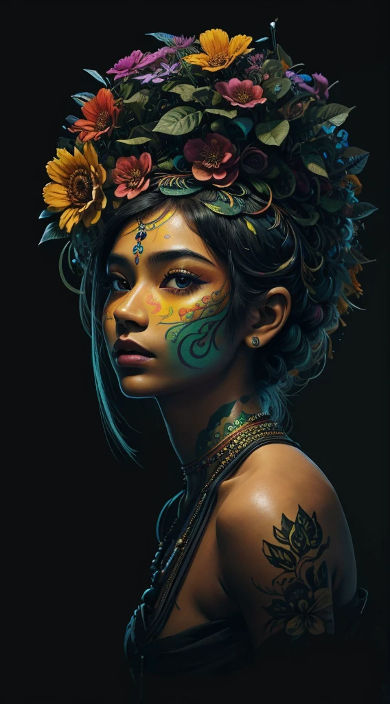 这张照片展示了一位惊艳绝伦的东印度女孩, 其身体与花朵和树叶融为一体, 颜色鲜艳, 采用高分辨率钢笔和墨水绘画风格, 等距肖像, 硬边, 高品质, 极简主义艺术, 黑色背景, 超高清, 4K, 8千