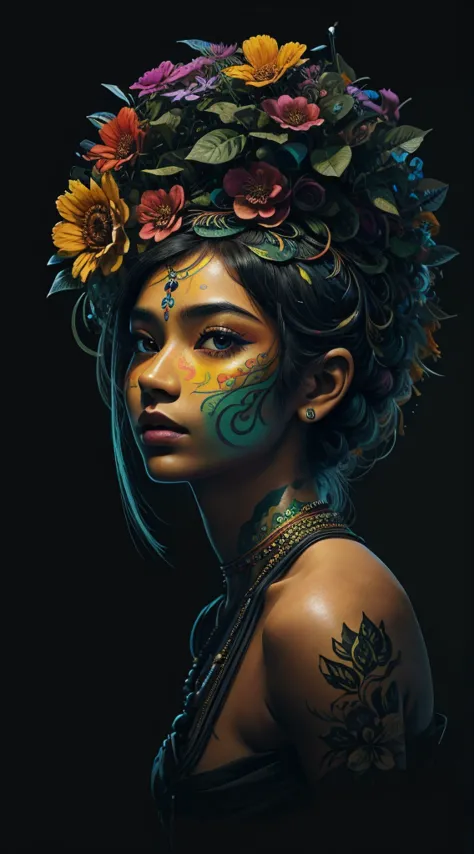 The image shows a breathtaking and stunningly beautiful East Indian girl, whose body is fused with flowers and foliage, Color Vi...