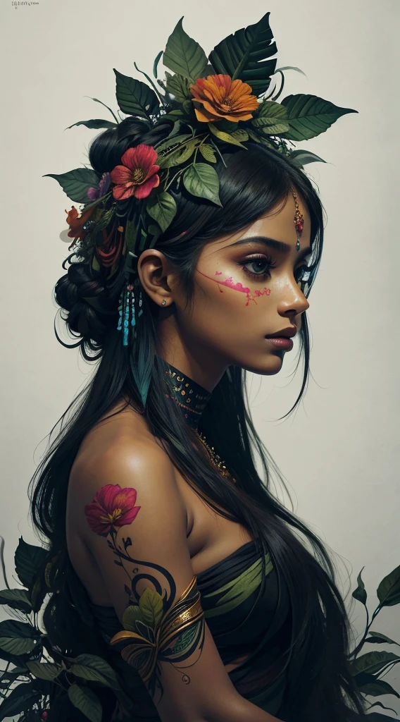 La imagen muestra a una chica de las Indias Orientales impresionante e increíblemente hermosa., cuyo cuerpo está fusionado con flores y follaje, color vibrante, al estilo de un dibujo con pluma y tinta de alta resolución, retrato isografico, bordes duros, alta calidad, arte minimalista, fondo negro, ultra alta definición, 4k, 8K