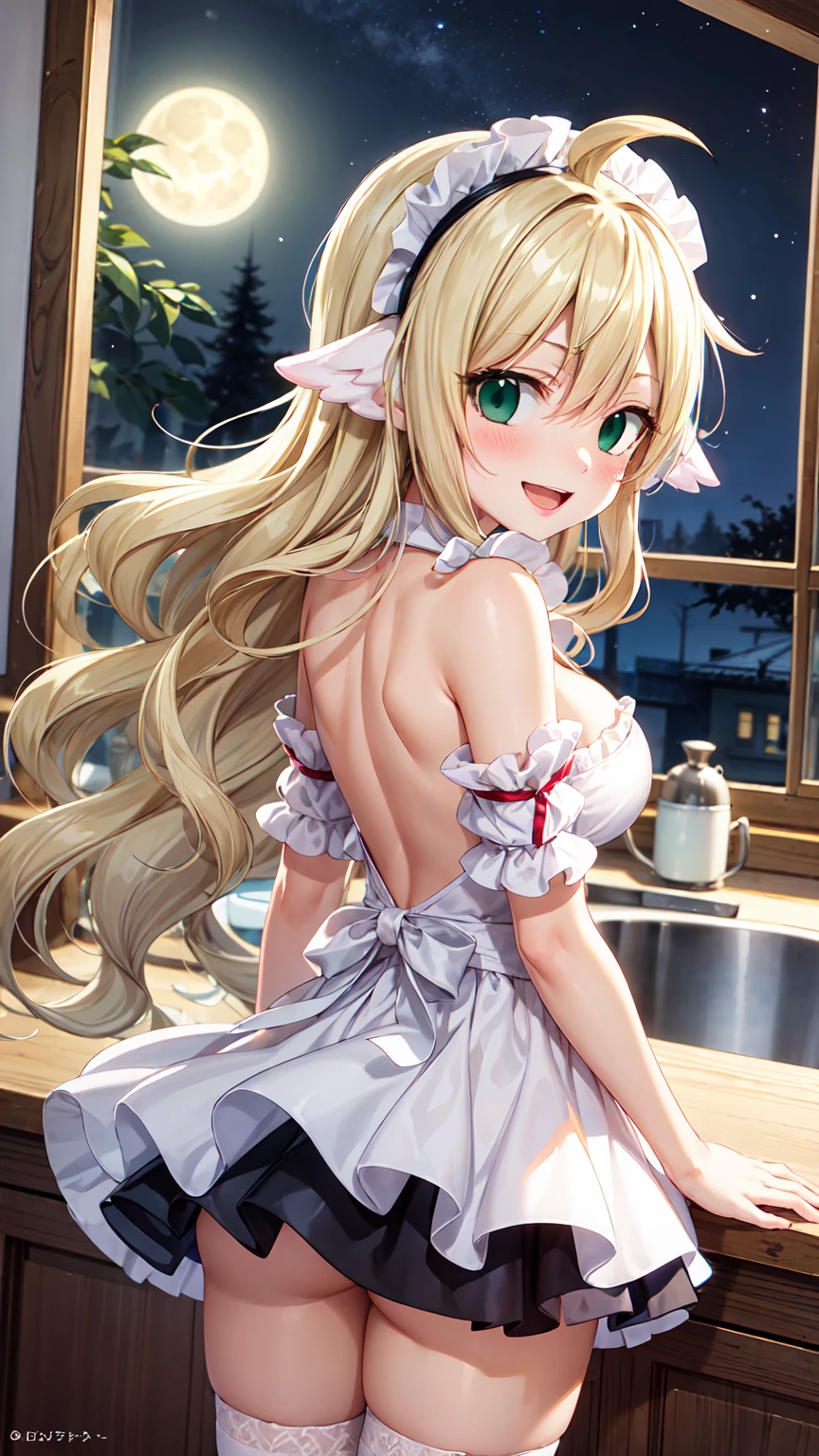 Masterpiece ,best quality , high resolution , (1 girl solo:1.38) , (mavis, long hair, blonde hair, (green eyes:1.5), ahoge, wavy hair) , (cleavage:1.2) , (medium breast:1.28) , (wearmaid miniskirt , maid head band , sleeves , stockings ) , (cleavage:1.15) , (big breast:1.1) , (face view , back view , from behind , head back ,  look at view) , (indoor, in kitchen , night , moonlight , windows , candel , coffee on table ) , (standing , thighs ) , (cowboy_shot) , ( smile , open mouth , full face blush , shy )