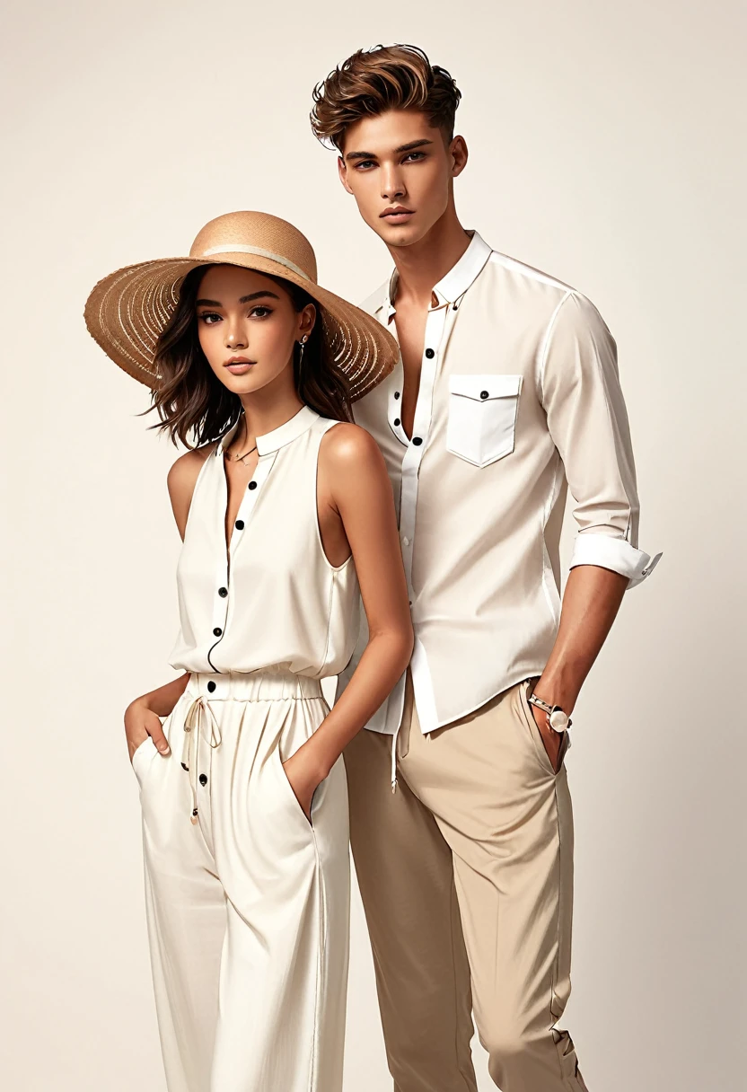 candid fashion illustration of young Mixed race man and woman, both aged 22 year old, ((showcase fashion look book in a off-White outfits)), inspired by Zara Summer collection in elegant young bohemian style. The man wears  Relaxed-fit shirt in a linen and cotton blend with front button fastening. Long sleeves with buttoned cuffs, paired with Joggers in cotton twill with covered elastication and a drawstring at the waist. Side pockets, and a back pocket and leg pockets with a flap and press-studs. Covered elastication and a hook and loop tab at the hems. He completes his look with white sneakers, round sunglasses and bracelet. The woman complements him in a white Ankle-length dress, Calf-length, sleeveless dress in woven fabric featuring a round, frill-trimmed neckline and a keyhole opening with minimal detail, Her ensemble includes an accessorizes with a wide-brimmed straw hat, white sneakers, Captured in a dynamic angle, ((close-up)), ((pastel color background)), sketching, realistic pencil lines, imperfect drawing, fading sketch, fashion look book, fashion illustrator,--sameseed.