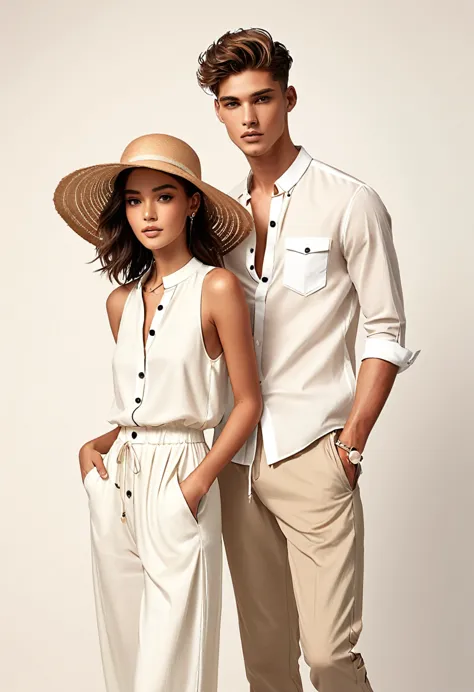 candid fashion illustration of young Mixed race man and woman, both aged 22 year old, ((showcase fashion look book in a off-Whit...
