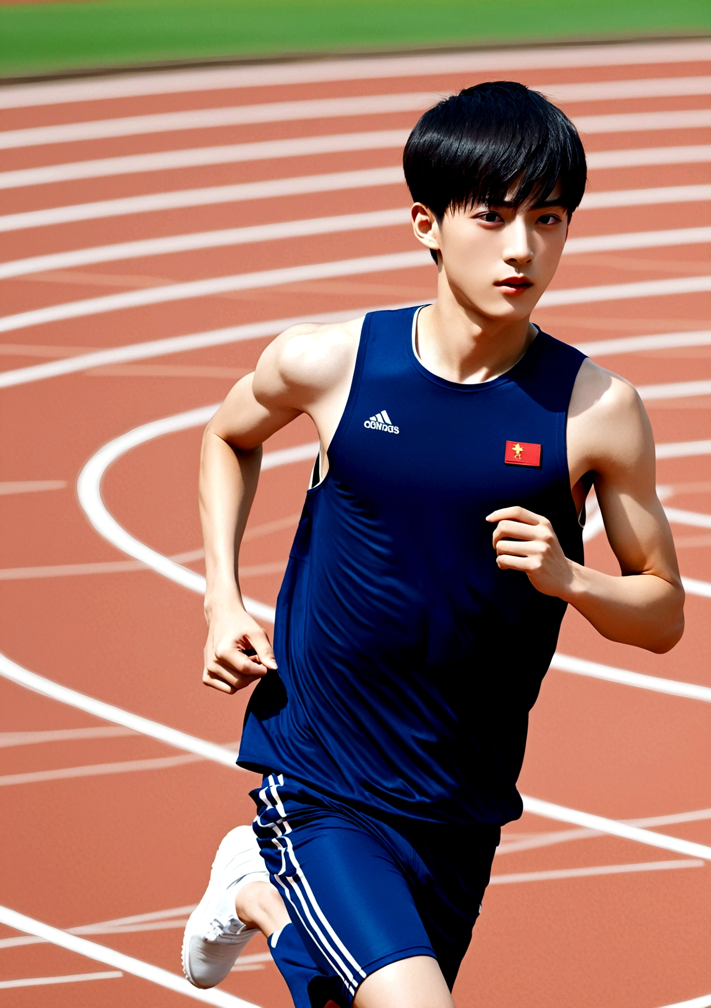 Chinese boys，18 years old，Athlete，Buzz cut，short hair，Single eyelid，whole body，Wear sportswear，Running on the track，