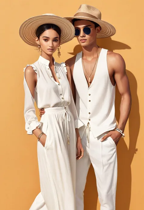 candid fashion illustration of young Mixed race man and woman, both aged 22 year old, ((showcase fashion look book in a off-Whit...