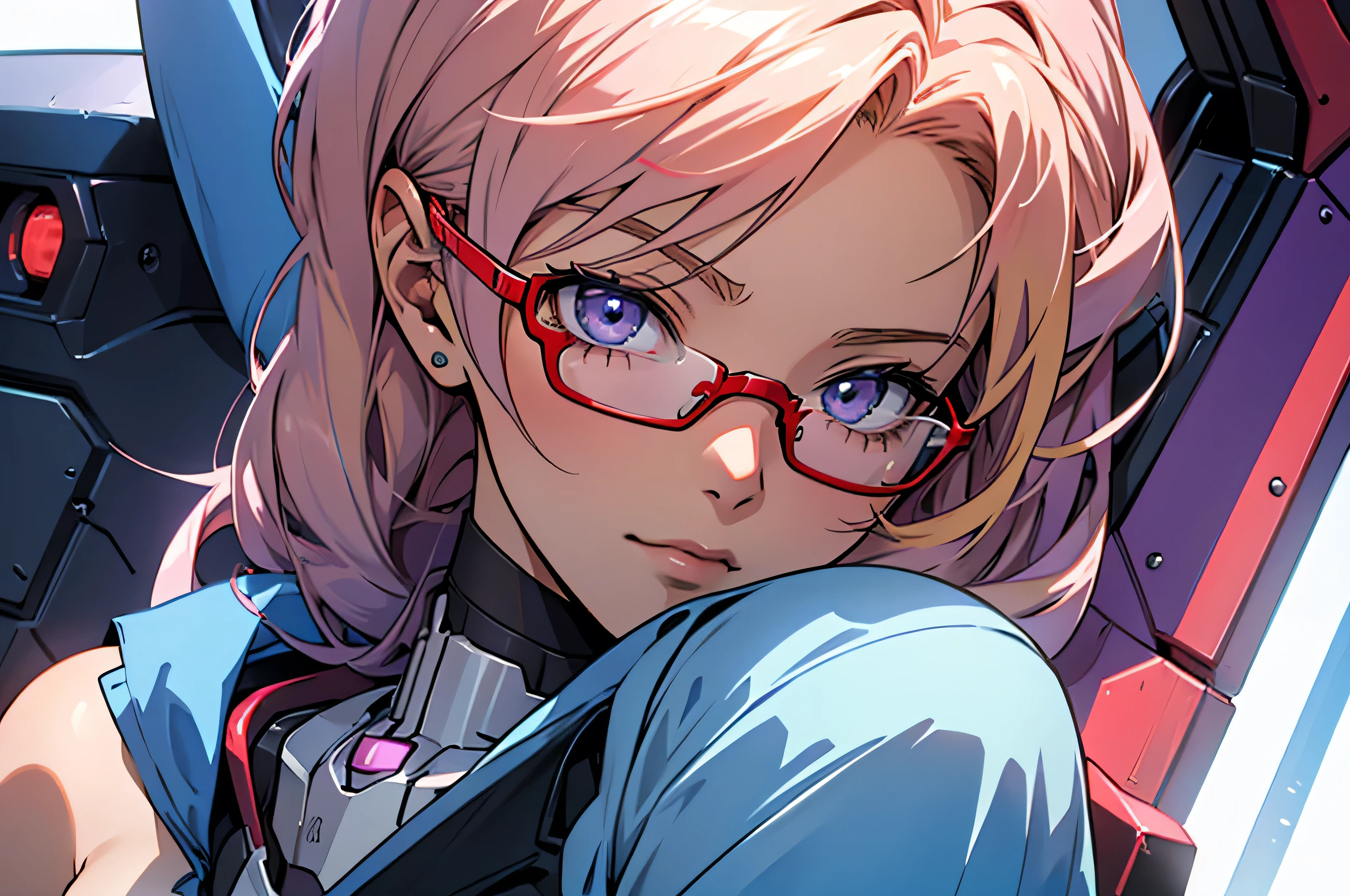 anime,An illustration,purple robot,Mobile Suit,Dom,Light blue check dress,Red glasses,Blonde,Light blue mesh hair,beautiful girl,Sora Sakurano,One person