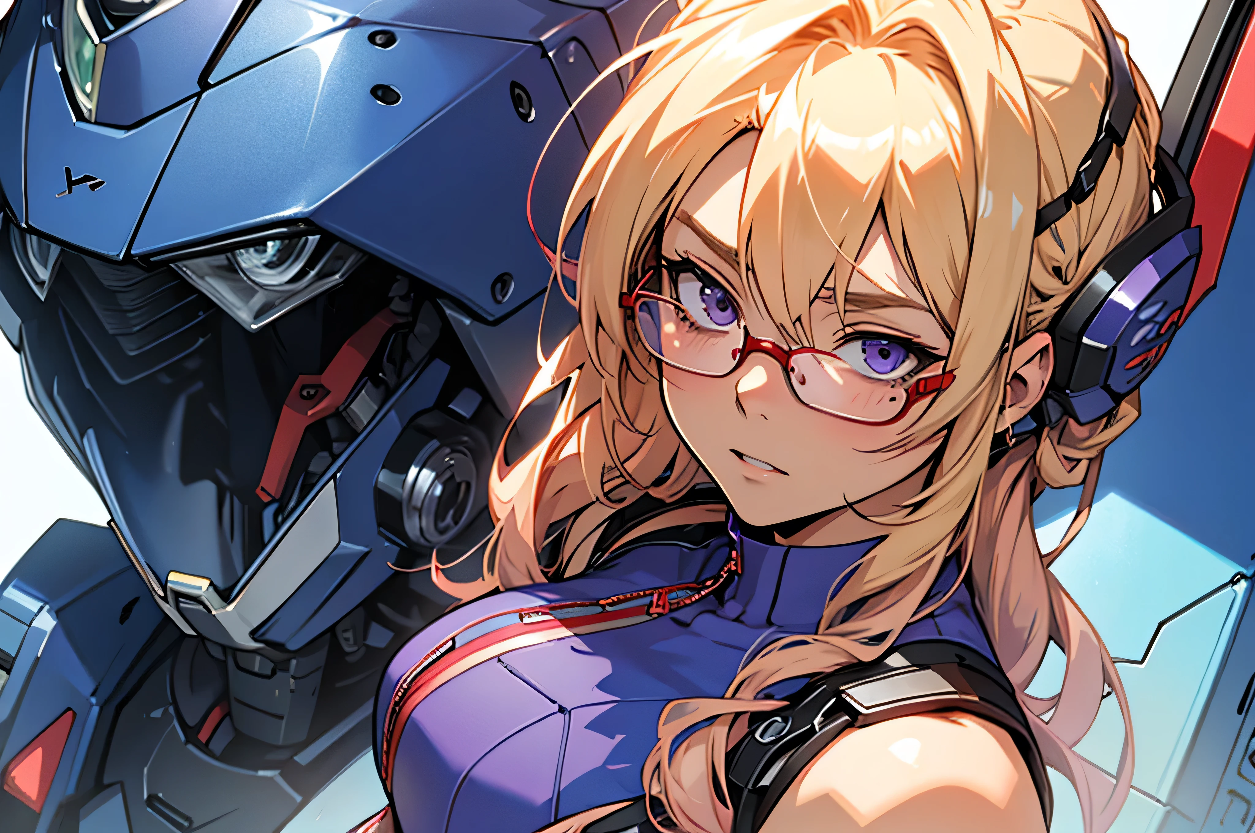 anime,An illustration,purple robot,Mobile Suit,Dom,Light blue check dress,Red glasses,Blonde,Light blue mesh hair,beautiful girl,Sora Sakurano,One person