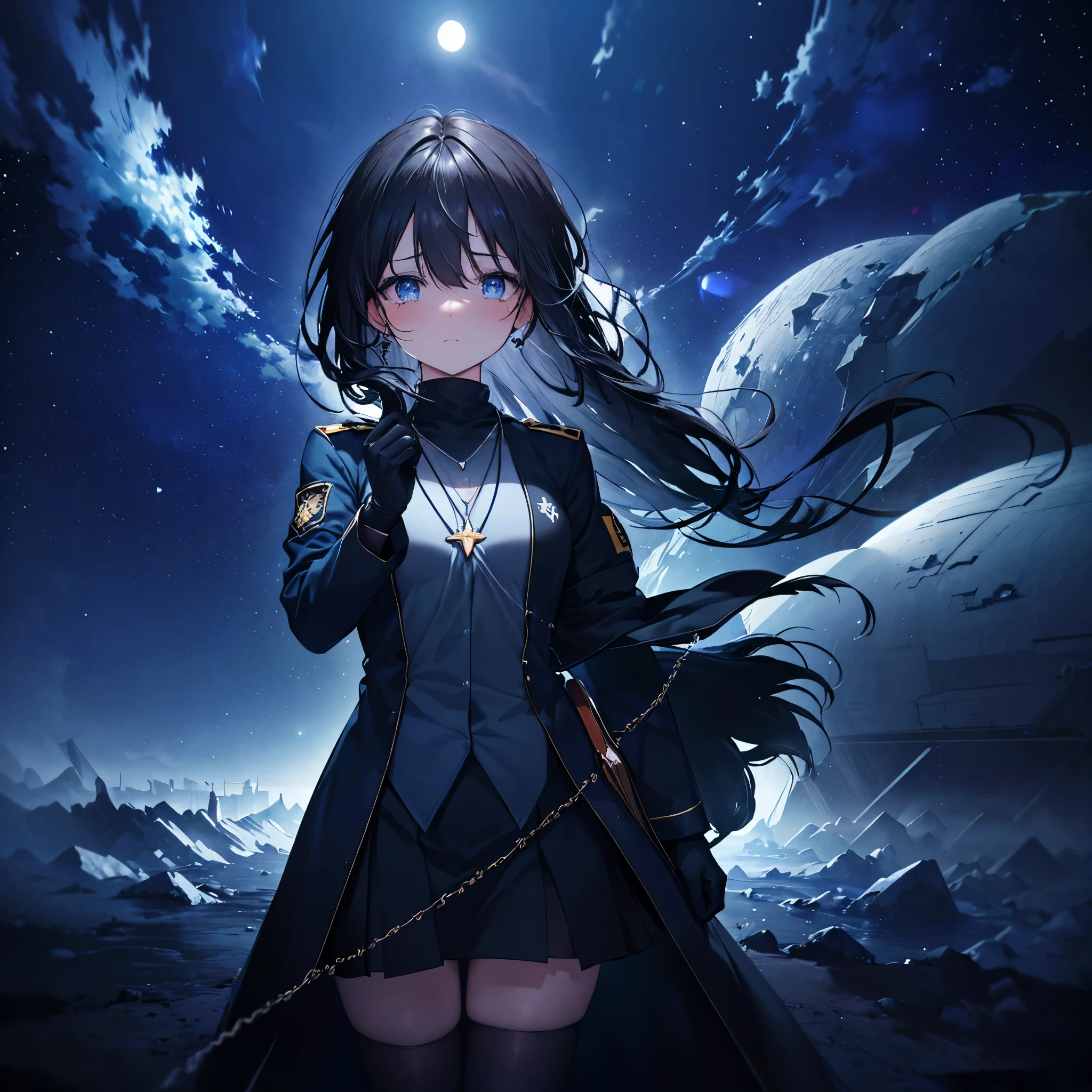 ((High resolution　Black Hair　Long Hair　Dull blue eyes　uniform　Lonely　despair))　((necklace　tears　gloves))　(New York at Night　Distorted Space-Time　star　moon)　Catch the wind　Light