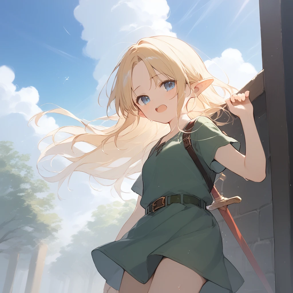 score_9, score_8_up, score_7_up, source_anime, best quality, masterpiece, official art, absurdres, highres, ultra-detailed,waifu2x,Collection: Slice of Life,break,1girl, YoungLink,13-year-old, small breasts, blonde hair, green tunic, pointy ears, hat, solo, blue eyes,green_headwear belt, sword, sweat, open mouth, sleepily, meadow, outdoors, wind,break,(clear line illustration:1.2), super detailed skin,very high resolution, very aesthetic, Best sexual lighting powered by famous artist, 8k,cute picture,beauty illustration,photoshop_(medium),,(Detailed Lighting),best anime 8k konachan wallpaper, pixiv contest winner, 