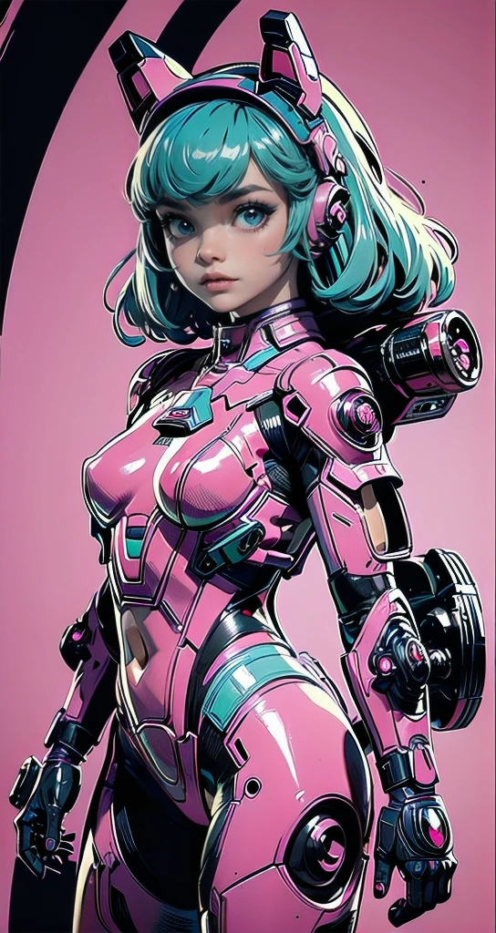 complete body shot,retro futuristic flat background,masterpiece, best quality, 1girl, solo, retro futuristic cyborgwoman, seamlessly blending mechanics and elegance. fit, small breasts, blueish skin, with magenta hair, fashion modeling pose, form fitting pastel green and pink with black colorblocking gundam suit-like-armor,kitty_ear headpiece, happy, wild punky hair, humanoid face with bigger eyes and some cyberparts holding a retro futuristoc space-gun, plain background, dark colors, Anime, Cartoon, Comic Book, Concept Art