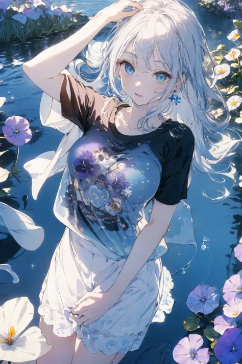 (water photo:1.1,simple t-shirt, in blue waterfront garden:1.5), Masterpiece, best quality, (very detailed CG unity 8k wallpaper...