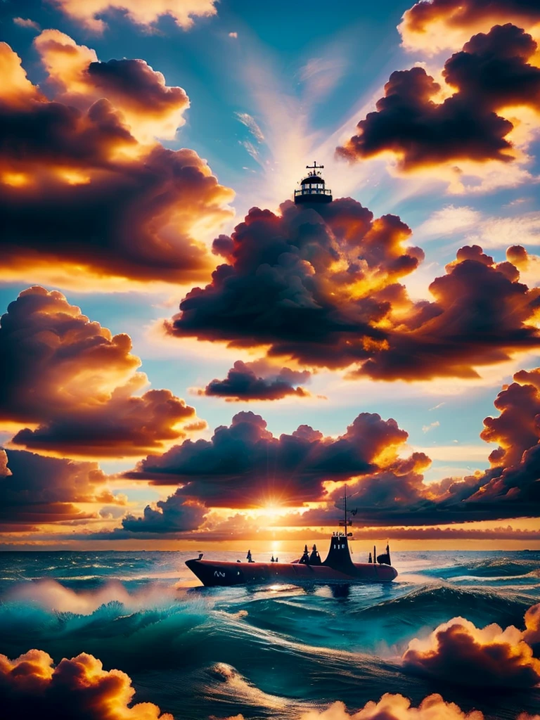 Blue ocean, blue sky and white clouds, hlaf floating red submarine, good quality, very details, red submarine, good weather, sunshine, beautiful epic picture
