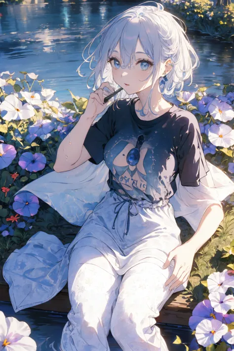 (water photo:1.1, t-shirt,  in blue waterfront garden:1.5), Masterpiece, best quality, (very detailed CG unity 8k wallpaper), (b...