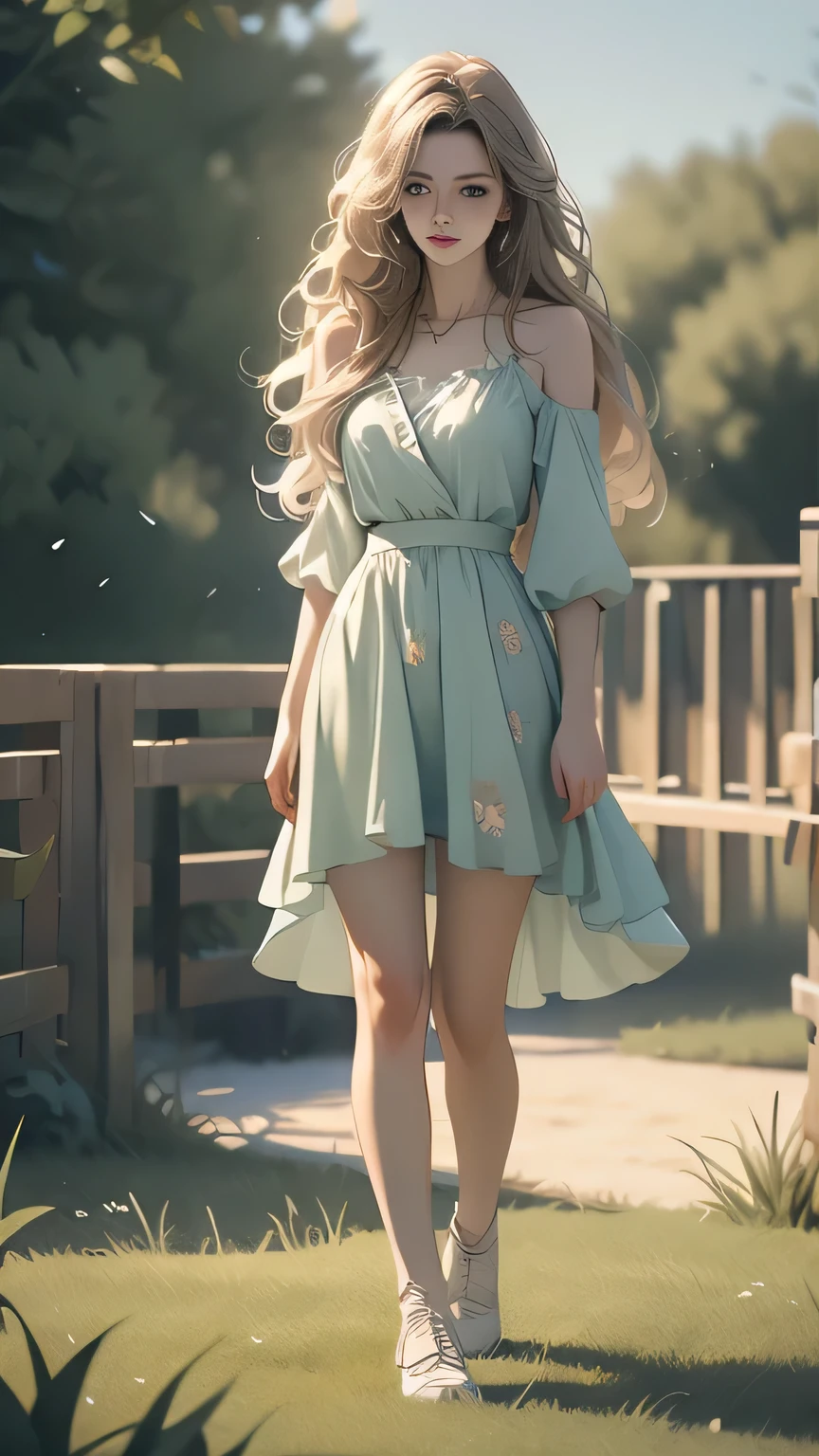 (best quality, 8k: 1.2), super detailed, realistic : 25 ans, fille sur la pelouse, nature, messy hair, cheveux courts, sky light and shadow images net bag full body