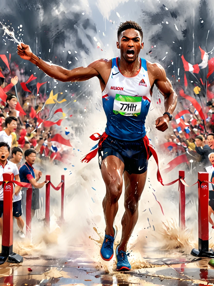 A photo of a diverse male athlete in mid-stride, on the verge of breaking a red ribbon at the finish line of an Olympic race, He is dripping with sweat and his face shows intense determination, Spectators and the Olympic symbols are visible in the background, creating an atmosphere of intense competition and excitement