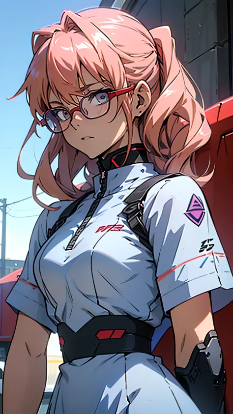 anime,an illustration,purple robot,mobile suit,dom,light blue check dress,red glasses,blonde,light blue mesh hair,beautiful girl...