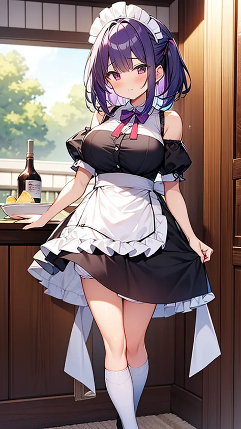 最high quality, high quality, Super detailed, 32k, Ultra-detailed details, waitress(only, Standing, pretty girl, beautiful purple...