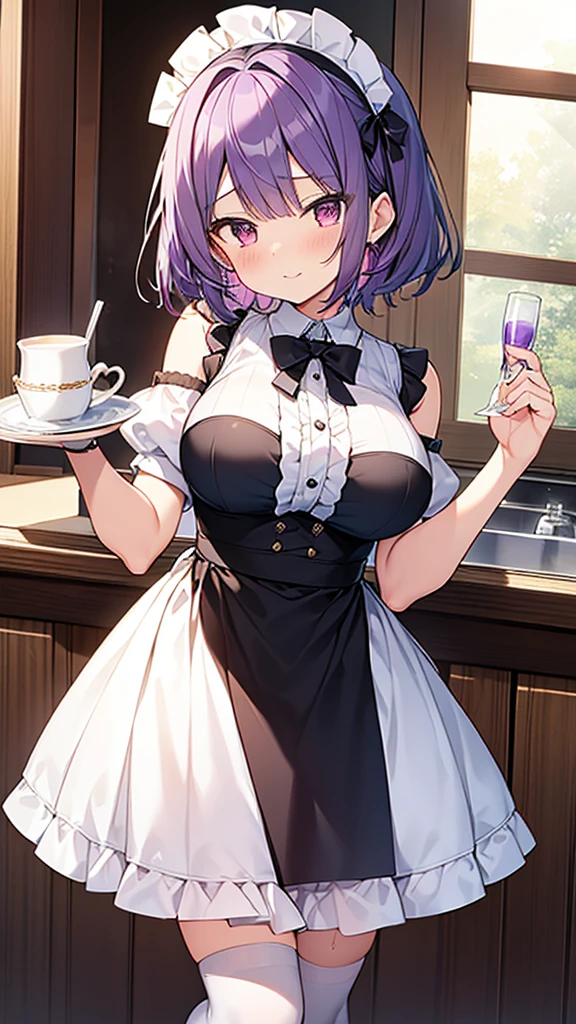 最high quality, high quality, Super detailed, 32k, Ultra-detailed details, waitress(only, Standing, pretty girl, beautiful purple hair, short hair, Beautiful RED eyes, mature, Big Breasts, A light smile, Off-the-shoulder sleeveless Summer メイド服, Summer casual maid clothes, Short skirt, Blue and white color striped underwear, Black knee socks, loafers, My crotch is wet with love juice, 18-year-old,cute), {{waitressに成りすましてたサキュバスはターゲットの男の妹に近づいて妹から顔の皮を剥がして自身の顔に貼り付けて妹の顔になったwaitressのサキュバス, The hem of her skirt is lifted high, exposing her underwear}}, She has transformed from a shy maid into a lewd one., A maid with her sister&#39;s face stuck on her face is vigorously pistoning her body, A maid who moves her body vigorously without caring if her breasts bounce, Super detailed, indoor, Full body image, ((Head to Toe:1.3)), NSFW