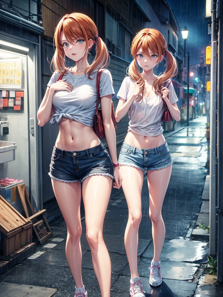 Girl, short tight shorts, Shirt unbuttoned, Bare breasts, chest visible, street  background, openlegs, Narrow passage between houses, night, rain, slim body, slim ass, Sneakers, In full growth, twin tail 