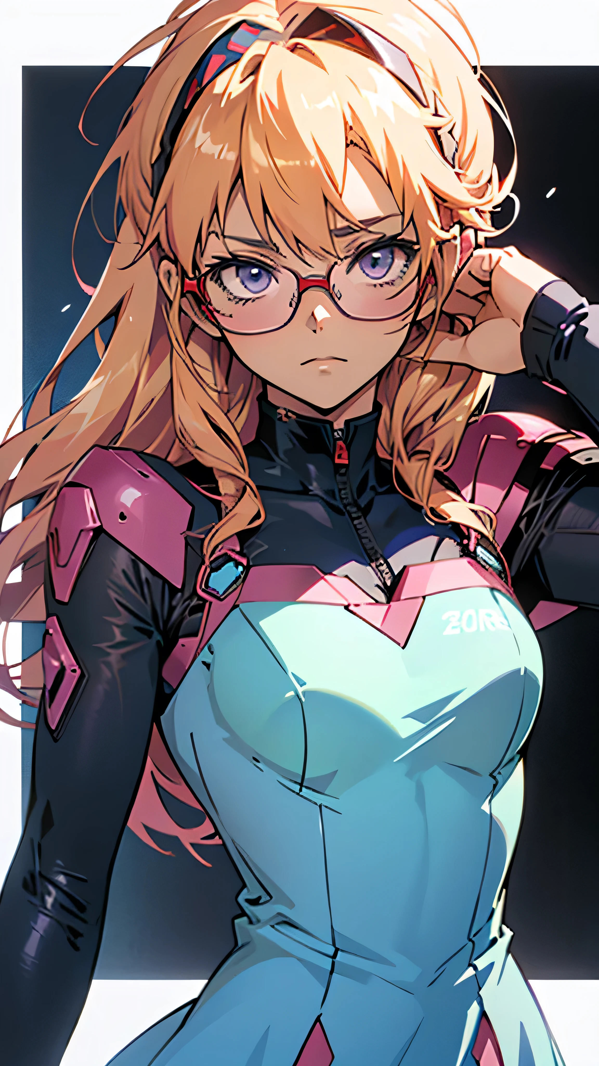 anime,An illustration,purple robot,Mobile Suit,Dom,Light blue check dress,Red glasses,Blonde,Light blue mesh hair,beautiful girl,Sora Sakurano,One person