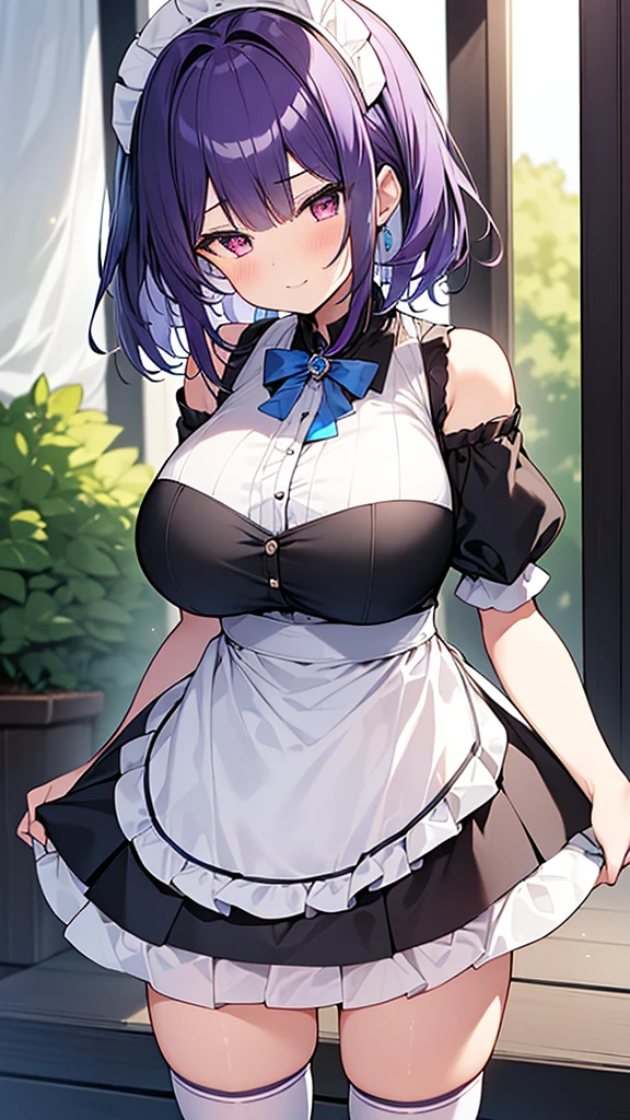 最high quality, high quality, Super detailed, 32k, Ultra-detailed details, {{メイドのサキュバスは妹の顔になってる}}, (Standing, pretty girl, beautiful purple hair, short hair, Beautiful RED eyes, mature, Big Breasts, A light smile, Off-the-shoulder sleeveless Summer かわいい メイド服, Summer casual maid clothes, Short skirt, Blue and white color striped underwear, Black knee socks, loafers, She&#39;s holding 大きく up her skirt with both hands to show her underwear, 18-year-old,cute), A maid who moves her body vigorously without caring if her breasts bounce, Super detailed, indoor, Full body image, ((Head to Toe:1.3)), NSFW