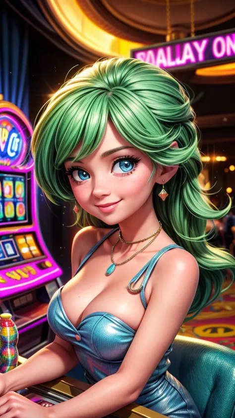 a young girl winning big at the slot machines in a Las vegas casino, jackpot, joy, beautiful detailed eyes, beautiful detailed l...