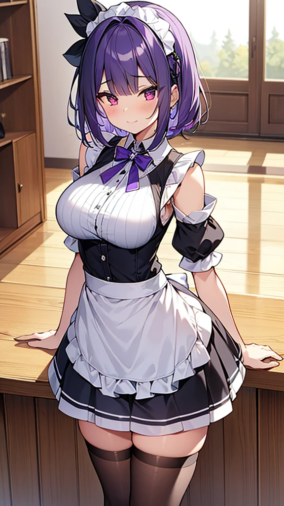 最high quality, high quality, Super detailed, 32k, Ultra-detailed details, {{The succubus maid has the face of my sister}}, (Standing, pretty girl, beautiful purple hair, short hair, Beautiful RED eyes, mature, Big Breasts, A light smile, Off-the-shoulder sleeveless Summer cute maid outfit, Summer casual maid clothes, Short skirt, Blue and white color striped underwear, Black knee socks, loafers, She&#39;s holding 大きく up her skirt with both hands to show her underwear, 1,cute), A maid who moves her body vigorously without caring if her breasts bounce, Super detailed, indoor, maid Cafe, Full body image, ((Head to Toe:1.3)), NSFW