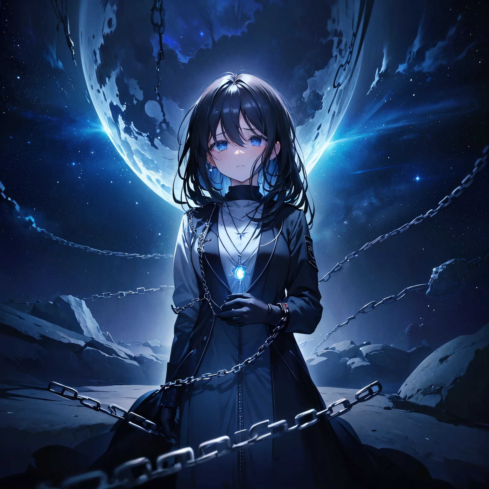 (((Pulled by chains)))　((High resolution　Black Hair　Long Hair　Dull blue eyes　uniform　Lonely　despair))　((necklace　tears　gloves))　(night　Distorted Space-Time　star　moon　)　Catch the wind　Light