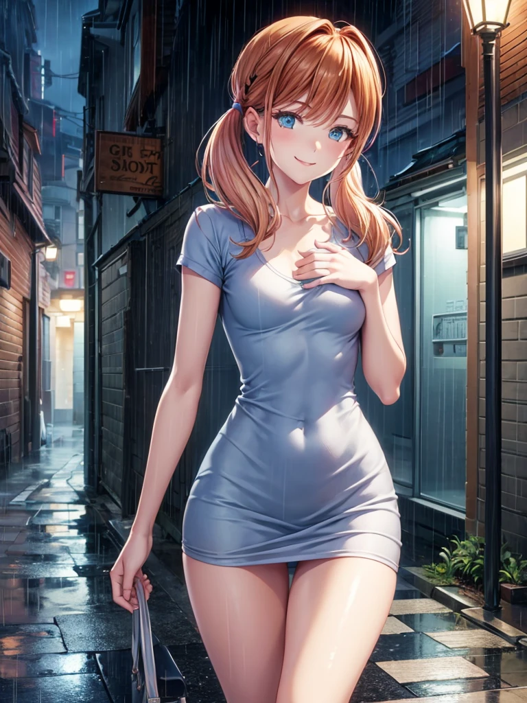 Girl, short tight dress , Bare breasts, chest visible, street  background, openlegs, Narrow passage between houses, night, rain, slim body, In full growth, twin tail, smile, You can see the ass 