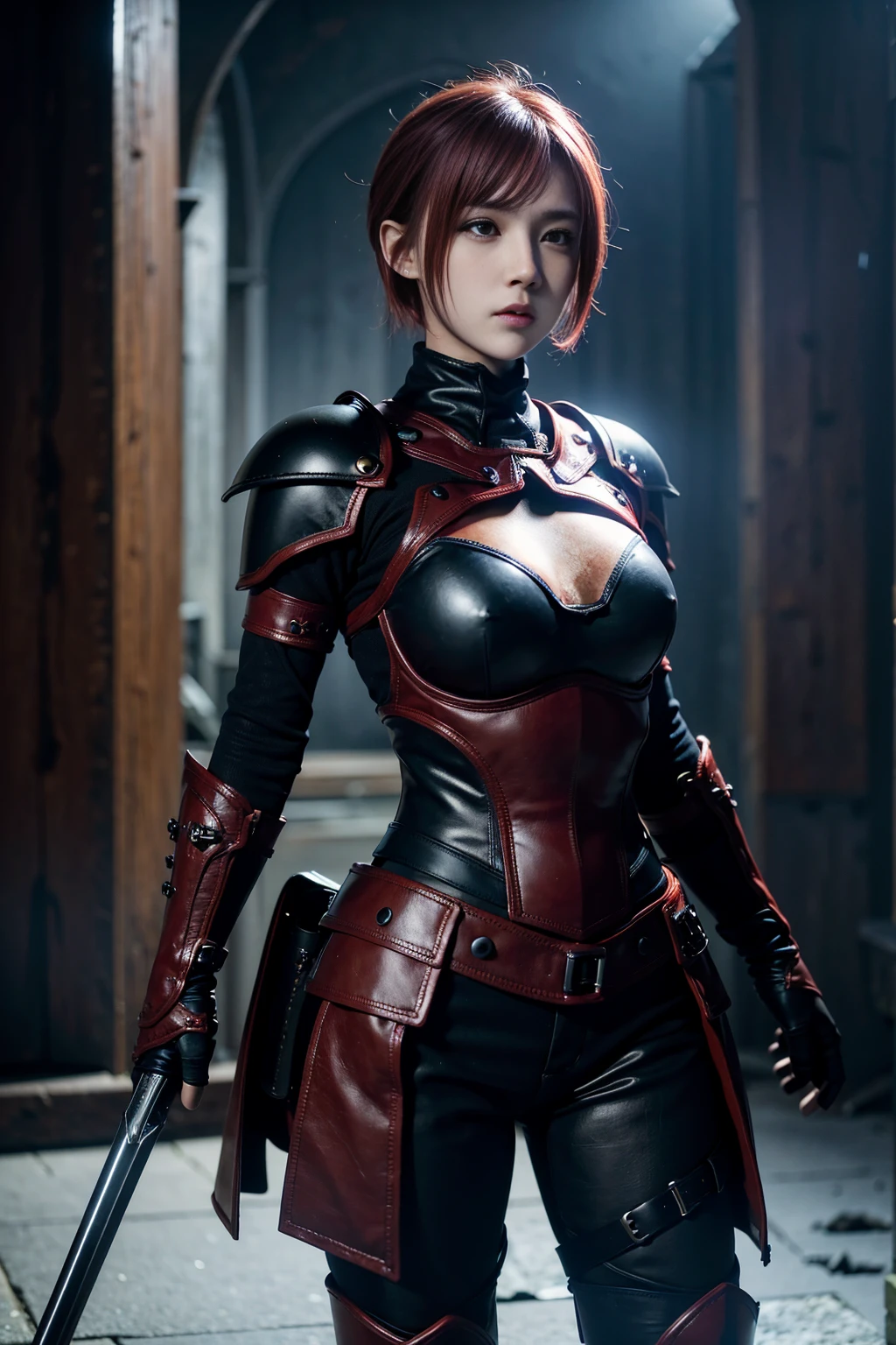 8k, (Ultra-detailed,high resolution,dark,fantasy:1.2), red short hair, Black chest open armor , warrior, medieval town, darkness, epic, Surrealism, Upper body, (Big :1.2), epic, narrate,darkness , horrible, It&#39;s raining, huge breasts，armor，pink hair，ruins， sword