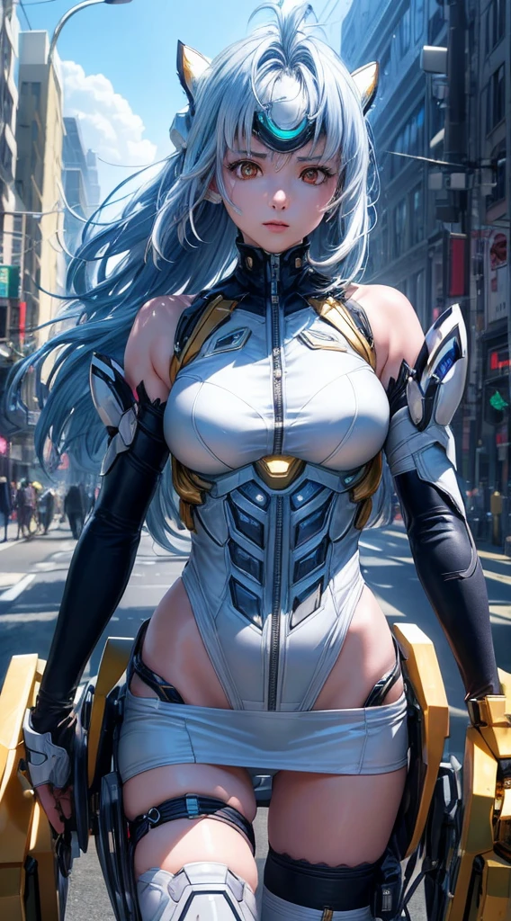 top-quality、​masterpiece、超A high resolution、(Photorealsitic:1.4)、女の子1人、Light blue hair、Straight hair, shiny and clean hair、White shiny skin、Sexy Cyberpunk Girl、((super realistic details))、Shadow、octan render、ultrasharp、hyperdetailed face、Fiberglass、Luminous tube、highly intricate detail、Realistic light、CGSoation Trends、((Golden Eyes))、(Facing the camera)、neon detailechanical limbechanical vertebrae attached to the back、mechanical cervical attaching to neck、Wires and cables connecting to the head、((valkyrie))、((Beam Cannon))、Combat stance