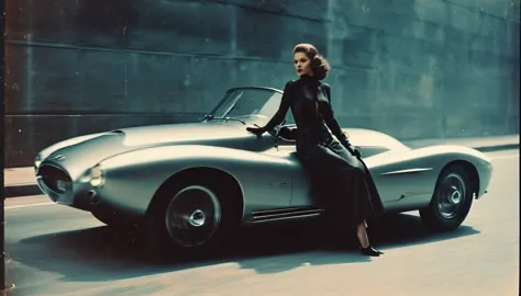 A stunning vintage photo of a lady sitting on a very futuristic sports car