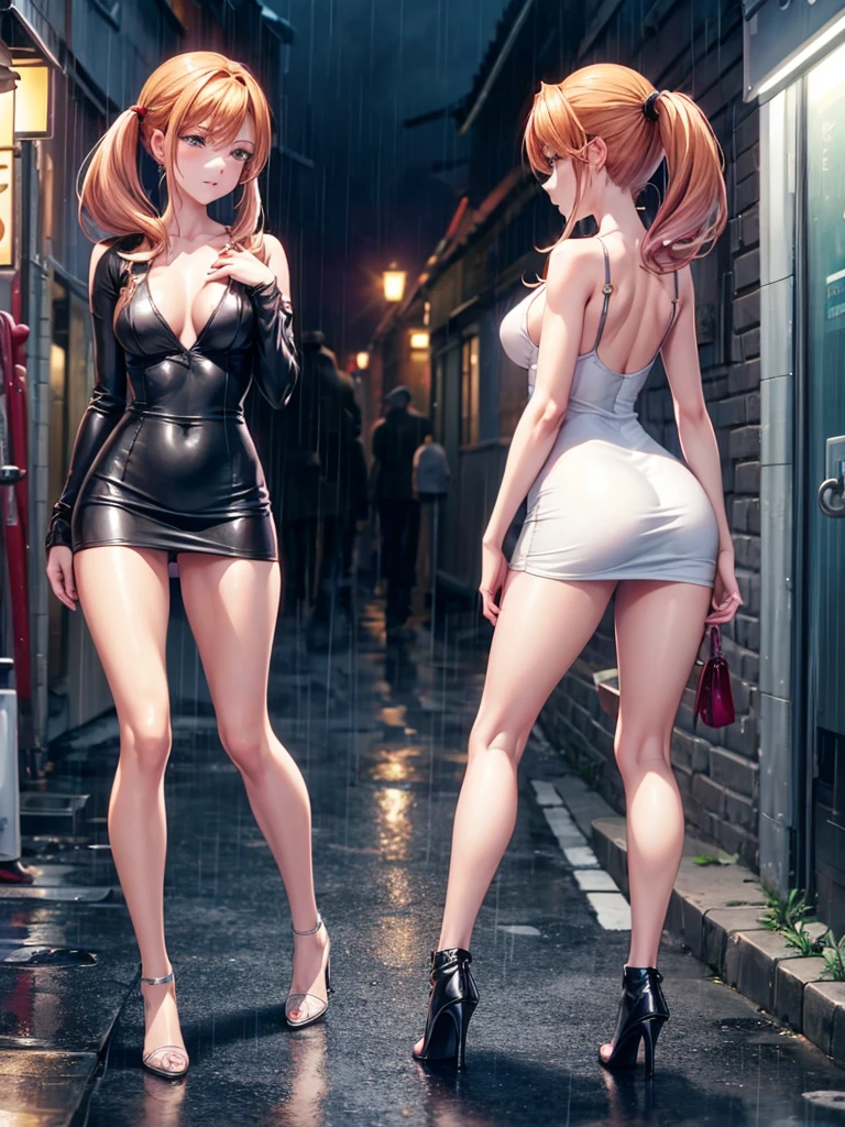 Girl, short tight dress , Bare breasts, chest visible, street  background, openlegs, Narrow passage between houses, night, rain, slim body, In full growth, Stiletto Shoes, twin tail, You can see the ass, slim ass 