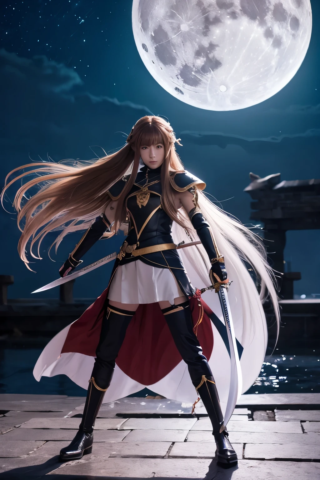 Long-haired anime character holding a sword in front of a full moon