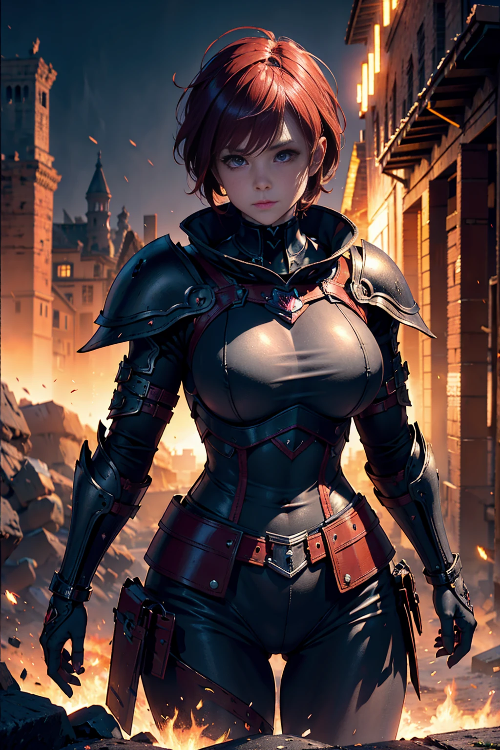 8k, (Ultra-detailed,high resolution,dark,fantasy:1.2), red short hair, Black chest open armor , warrior, medieval town, darkness, epic, Surrealism, Upper body, (Big :1.2), epic, narrate,darkness , horrible, It&#39;s raining, huge breasts，armor，pink hair，ruins， sword