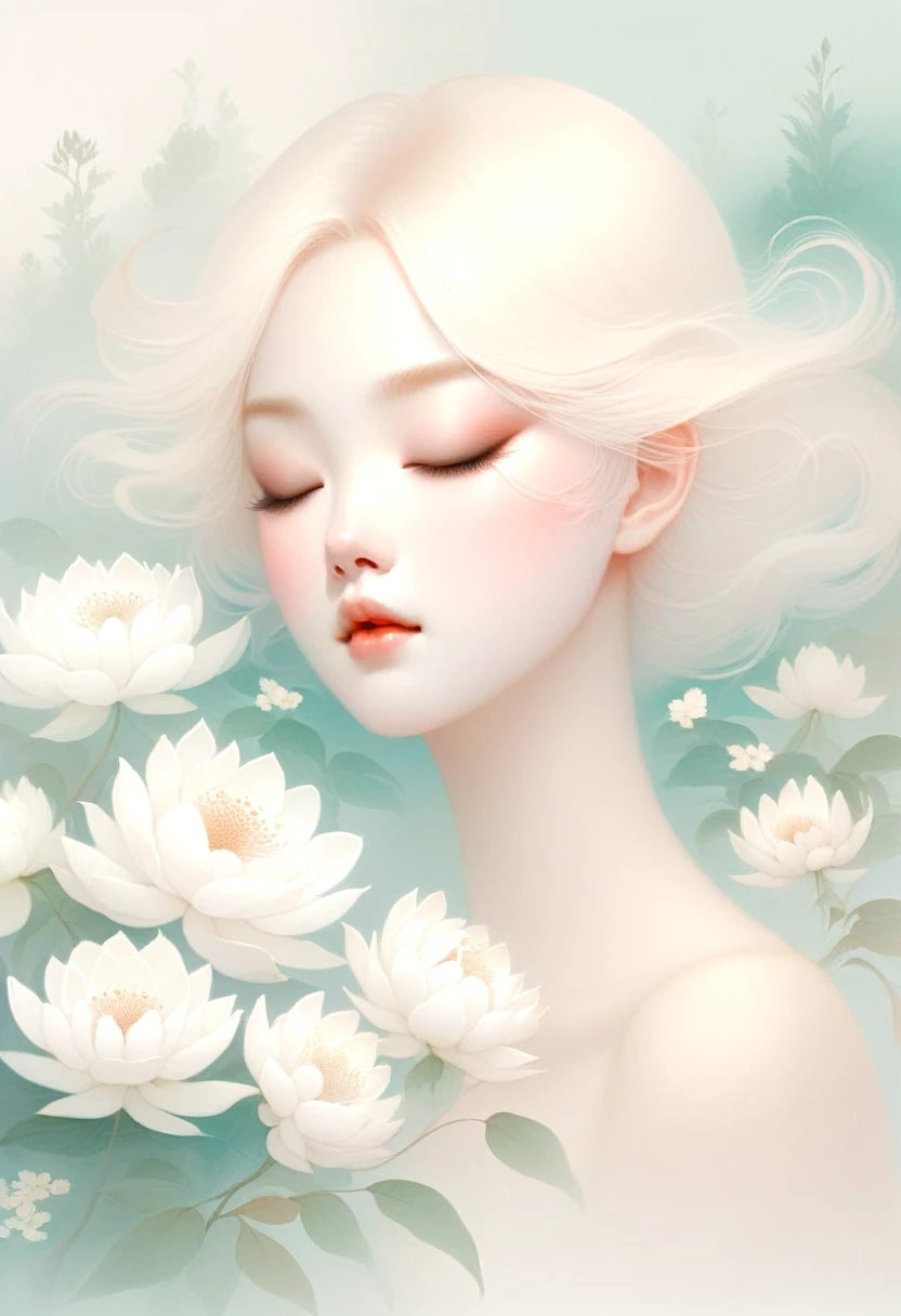 (mist:1.5)，Soft space，Soft tones，dream，Hazy and mysterious，大量mist和白色小花覆盖，Modern illustration elements。Tranquility、Pure atmosphere，blond woman with white flowers covering her face and eyes, inspired by Hsiao-Ron Cheng, inspired by Yanjun Cheng, by Ayami Kojima, by Hsiao-Ron Cheng, by Yanjun Cheng, Guweiz, artwork in the style of Guweiz, by Eizan It&#39;s a gift, cake, james jean and wlop