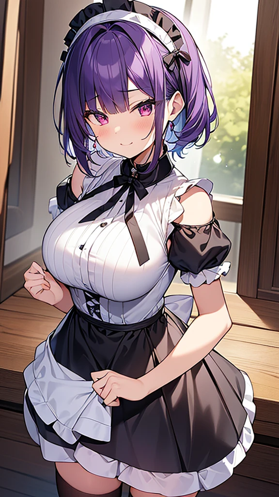 最high quality, high quality, Super detailed, 32k, Ultra-detailed details, {{The succubus maid has the face of my sister}}, (オンリー, Standing, pretty girl, beautiful purple hair, short hair, Beautiful RED eyes, mature, Big Breasts, A light smile, Off-the-shoulder sleeveless Summer cute maid outfit, Summer casual maid clothes, Short skirt, Blue and white color striped underwear, Black knee socks, loafers, She&#39;s holding 大きく up her skirt with both hands to show her underwear, 1,cute), A maid who moves her body vigorously without caring if her breasts bounce, Super detailed, indoor, maid Cafe, Full body image, ((Head to Toe:1.3)), NSFW