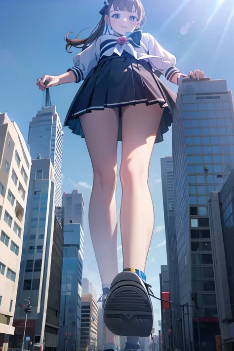 big girl wearing sneakers，girl taller than the building，sailor suit，short skirt,standing maiden，sole