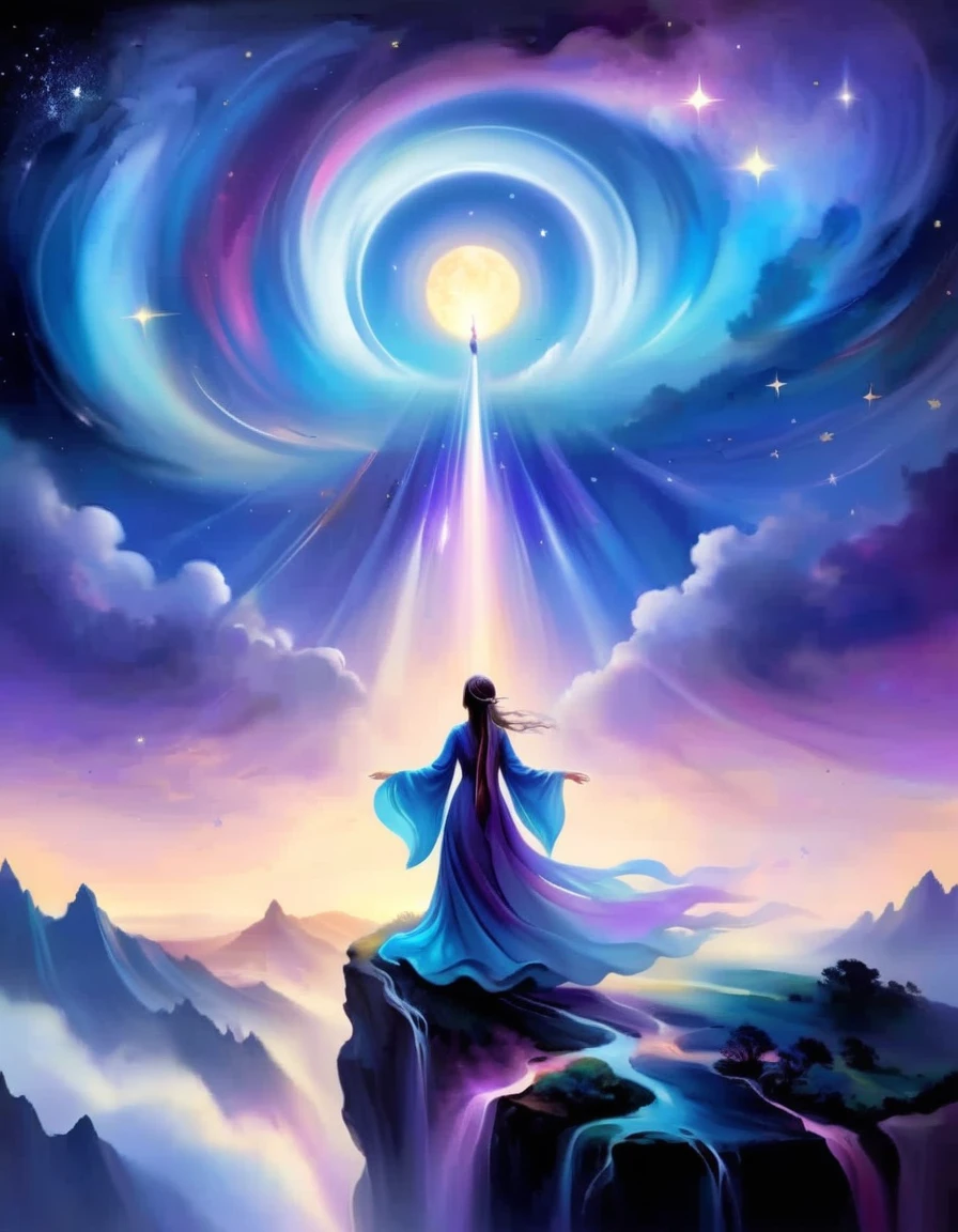 A woman standing on a cliff looking up at the starry sky, Surrounded by a vortex of cosmic energy，Dreamy misty landscape。The figures are dressed in flowing robes.，Blending with the flow of heaven and earth。The sky is a tapestry of deep purples and blues，starlight embellishment，The scenery below suggests softness、Rolling mountains，Astral Ether, Fantastic numbers, ethereal essence, Ethereal fantasy, Ethereal Beauty, Digital Art Fantasy, Beautiful fantasy painting, Beautiful fantasy art, Stunning fantasy art, Inspired by Cyril Rolando (Cyril Rolando), Fantasy art style, Gently rotating magical energy, Fantasy Numbers, Fantasy NumbersArt, Empty Realm, of Ethereal fantasy