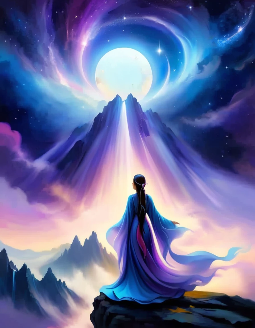 A woman standing on a cliff looking up at the starry sky, Surrounded by a vortex of cosmic energy，Dreamy misty landscape。The figures are dressed in flowing robes.，Blending with the flow of heaven and earth。The sky is a tapestry of deep purples and blues，starlight embellishment，The scenery below suggests softness、Rolling mountains，Astral Ether, Fantastic numbers, ethereal essence, Ethereal fantasy, Ethereal Beauty, Digital Art Fantasy, Beautiful fantasy painting, Beautiful fantasy art, Stunning fantasy art, Inspired by Cyril Rolando (Cyril Rolando), Fantasy art style, Gently rotating magical energy, Fantasy Numbers, Fantasy NumbersArt, Empty Realm, of Ethereal fantasy